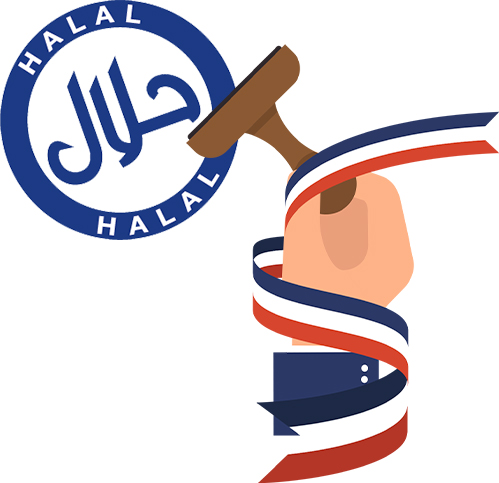 Main tenant un tampon halal. Le bras est enroulé dans un ruban aux couleurs du drapeau français