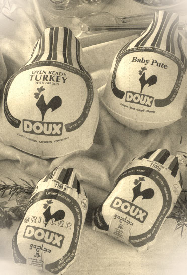 Whole birds from the Doux brand wrapped in the old Doux packaging