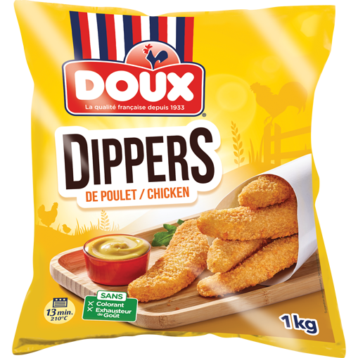 Doux Chicken Dippers on a wooden appetiser board