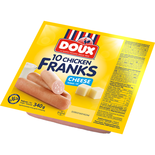 Trois Chicken Franks Cheese Doux sur une assiette blanche avec des frites