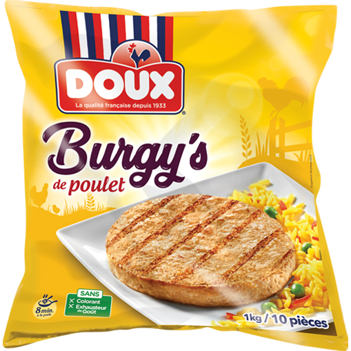 Burgy's de pollo Doux en un plato con guarnición de verduras