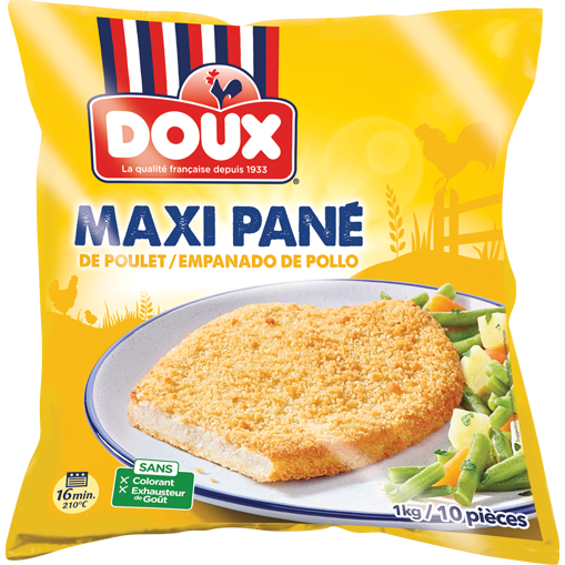 Maxi empanado de pollo Doux en un plato con guarnición de verduras