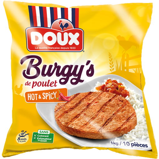 Burgy's Hot & Spicy Doux en un plato con guarnición de arroz