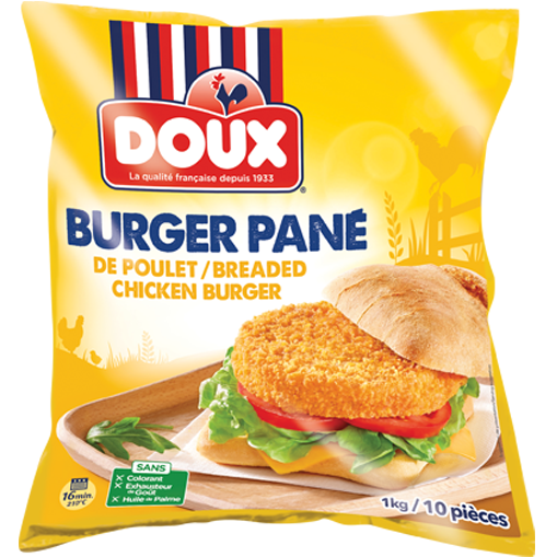 oooooBurger pané de poulet Doux dans un pain burger carré sur une planche apéro en bois