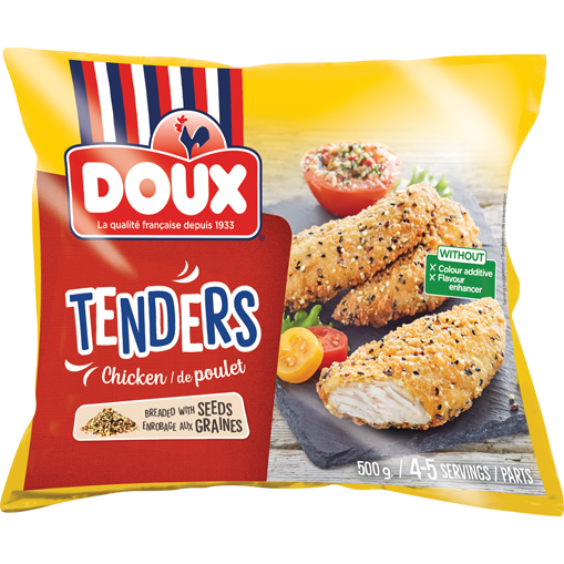 Tenders de pollo Doux con rebozado de semillas sobre una teja