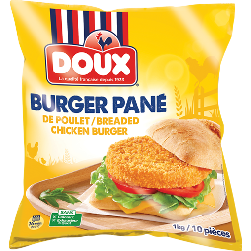 Doux Breaded Chicken Burger in a square burger bun on a wooden appetiser board